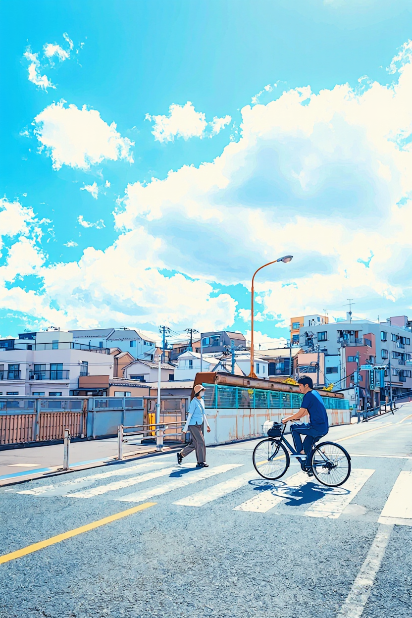 Photo of a street transformed into anime illustration style
