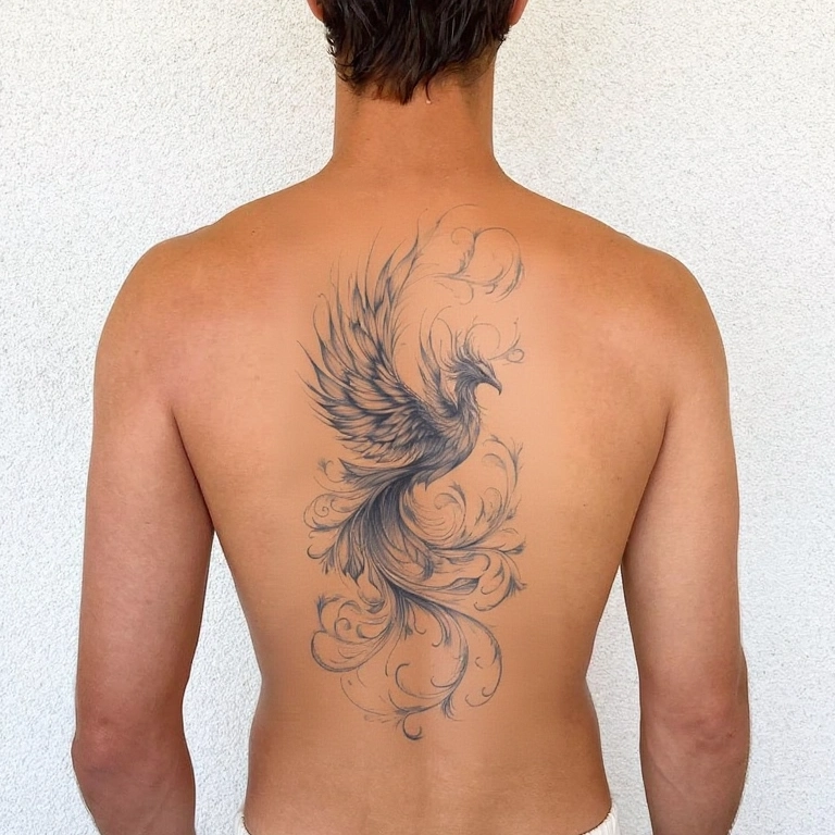 AI preview of phoenix tattoo on back